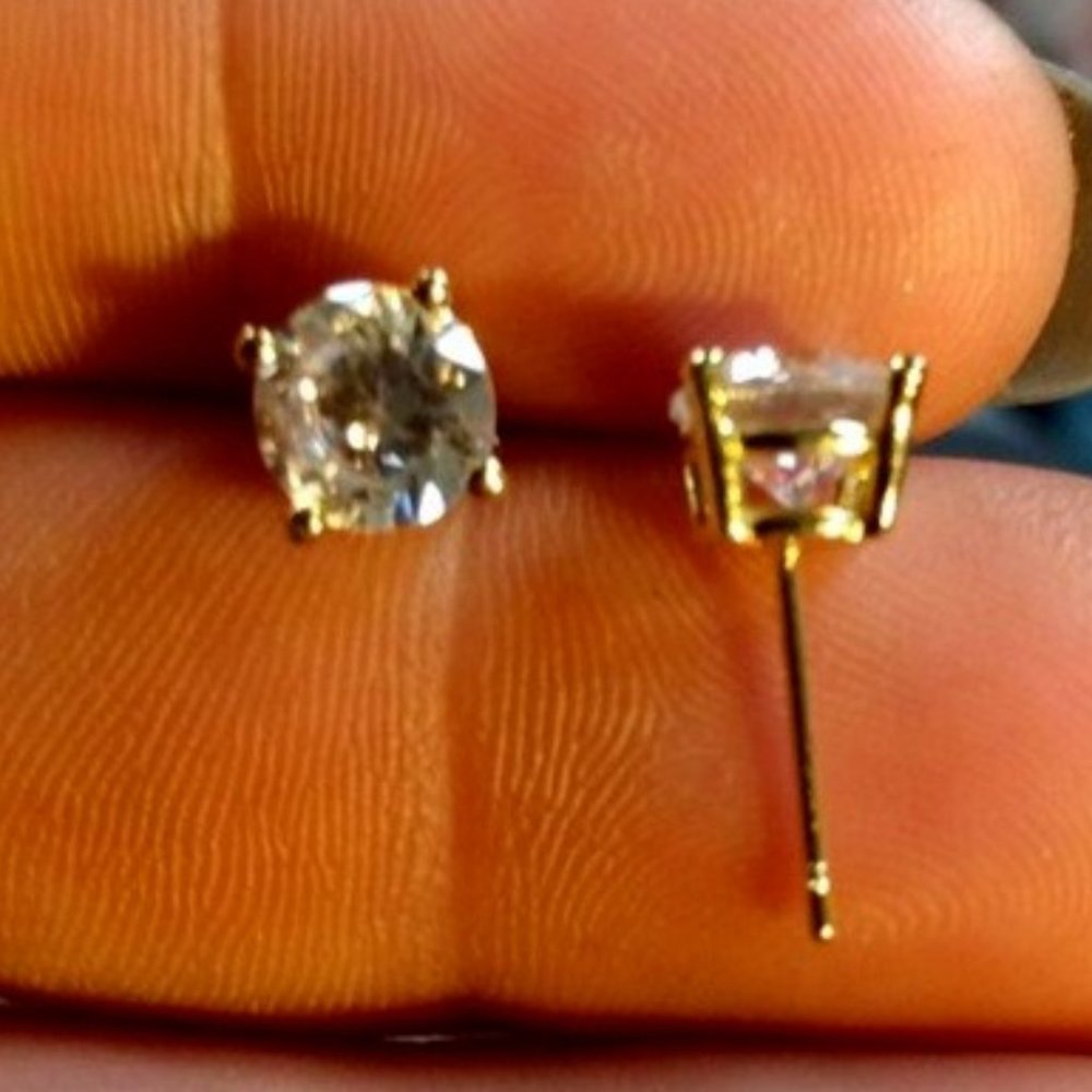 14CT Yellow Gold Stud Simulated Diamonds Earrings, Sterling silver&RP - Picture 3 of 7
